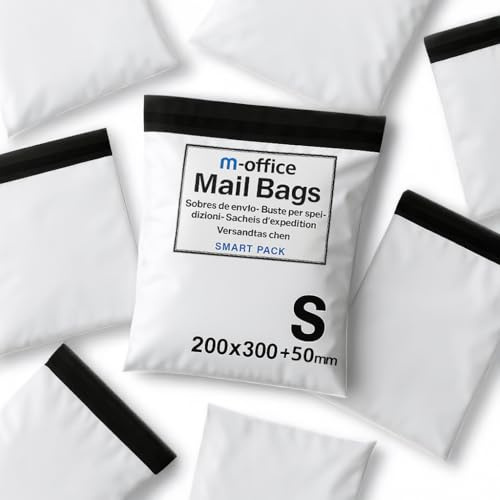 M-office Buste Spedizione Adesive 50 pz S (200×250+50 mm) Buste Spedizione Impermeabili Autoadesive Resistenti per Abbigliamento, Pacchi e Negozi Online – Riciclabili con Chiusura Forte