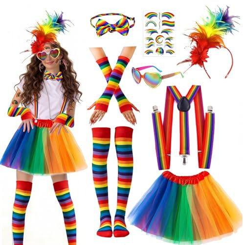 AUNGCSHE 8 PCS Arcoíris Disfraz de Carnaval, Con Falda De Tul Arco Iris, Diadema de Plumas de Colores, Tirantes, Guantes Sin Dedos, Calcetines Hasta Rodilla, Pajarita, Pegatinas y Gafas para Carnaval