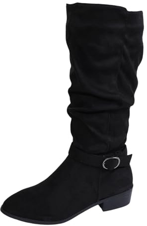 Generisch 2026 Fashionable Suede Boots with Medium Calf Buckle Strap, Comfortable Low Heel Ankle Boots for Casual Winter Outfit, black, 7 UK