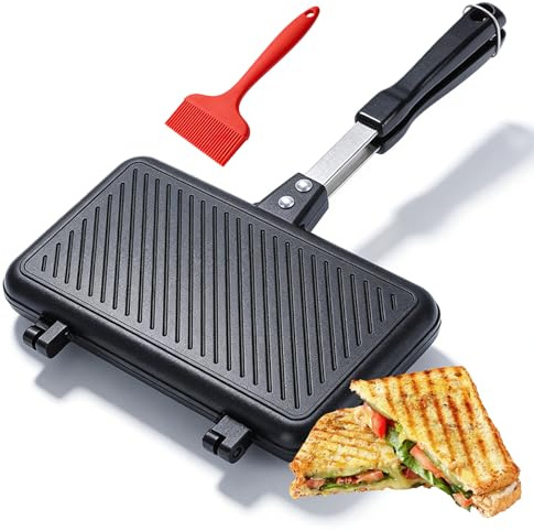 Dubbelsidig stekpanna, smörgåsgrill camping, grillpanna med avtagbart handtag, non-stick belagd grillpanna med handtag, 37 x 25 x 4,4 cm för hem, kök, frukost hus, kök, frukost