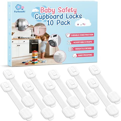 10 Pack Baby Proofing Cupboard Locks – Strong 3M Adhesive Child Safety Latches, Adjustable Multi-Purpose Straps for Kitchen Cupboards, Drawers, Fridge, Toilet & Bin, Easy No-Tools Installation