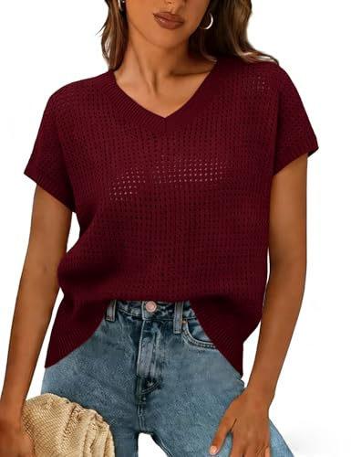 Gyabnw Tee Shirt Femme Col V Manches Courtes Maille Ajourée | Maille ajourée respirante, Coupe ample, Décolleté en v, Idéal pour été et superpositions