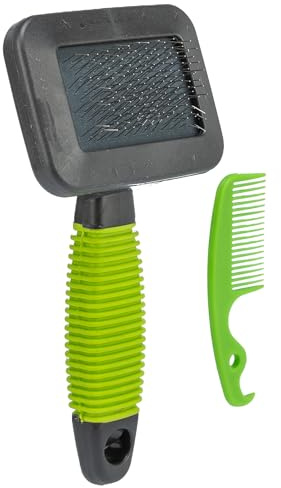 TRIXIE soft brush for grooming top coat & undercoat - soft metal bristles - with brush cleaner - rubberised handle - black/green - 7 x 13 cm - 6288