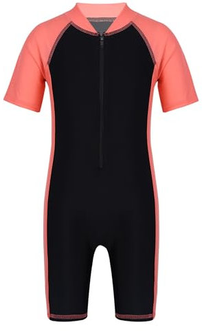 FEESHOW Kinder Einteiler Badeanzug Sport Schwimmanzug Mädchen Jungen Badenmode Kurzarm Zipper Badeshirt mit Shorts Badebekleidung Orange&Schwarz 3-4 Jahre