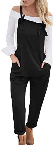 Runstarshow Womens Linen Overalls Baggy Adjustable Strap Sleeveless Jumpsuit Playsuit Bib Pants Dungarees with Pockets Black
