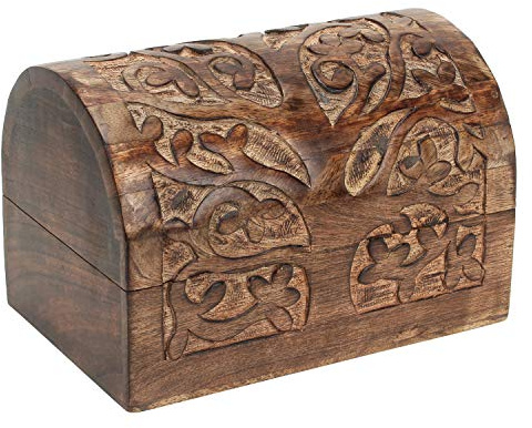 Ajuny Wooden Jewellery Storage Box 9 x 6 Inch Tree of Life Treasure Chest | Handcrafted Mango Wood Keepsake and Trinket Organiser with Tree of Life Carving for Birthdays Weddings and Home Decor Gifts