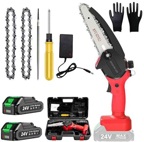 Mini Tronconneuse a Batterie 6 Pouces Tronçonneuse Électrique Sans Fil avec Injecteur de Lubrifiant et 2 3.0AhBatteries Tronçonneuse à une main pour La Coupe Du Bois,L'élagage, La Cour, Jardin, red