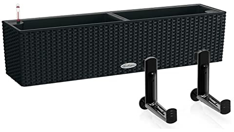 Lechuza Selbstbewässernder Topf BALCONERA Cottage 80 Graphitschwarz Kunststoff Balkon Pflanzgefäß für Geländer Rattanoptik Pflanzgefäß H19 L80 B19cm Bundle mit schwarzen Balkonhalterungen