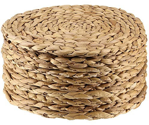 MANCHAP 10 Pack 30cm Water Hyacinth Woven Placemats, 12 Inch Round Natural Placemats, Large Handmade Wicker Table Mats for Table Top, Dining