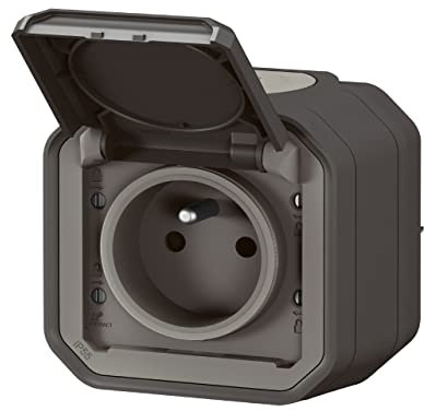 LEGRAND Steckdose, 2P+T, wasserdicht, Plexo, Anthrazit, 16 A, 250 V, IP55 IK08, komplett für Aufputzmontage