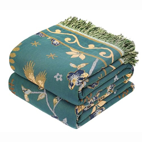 VANJOROY Boho 100% Organic Cotton Muslin Large Throw Blanket 60 x 80 - All Season Rustic Ultra Soft Breathable Floral Bird Blanket for Bed Sofa Couch Chair Bedspread Quilt Gift,-Teal/Green
