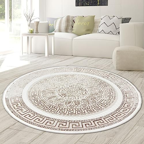 Teppich-Traum Wohnzimmer Schlafzimmer Teppich Kurzflorteppich Designerteppich modern edel Orient glänzend Ornamente Creme beige 120 cm rund