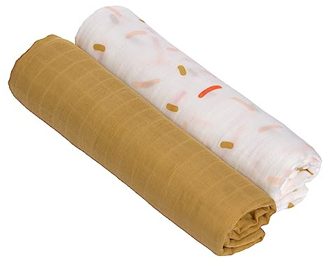 LÄSSIG Puck manta de bebé Tela de gasa Juego de 2 piezas de algodón 120 x 120 cm/Heavenly soft Swaddle XL Little Mateys spicy orange
