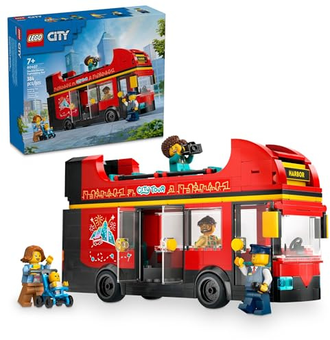LEGO City Red Double-Decker Sightseeing Bus Toy Vehicle Set, Birthday Gift for 7 Year Olds, for Kids, Double-Decker London Bus Toy, 5 Characters Including a Baby and Stroller, 60407
