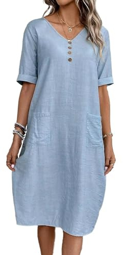 Abito estivo da donna, con scollo a V, in lino, a maniche corte, linea ad A, per il tempo libero, con tasche, Azzurro, XL