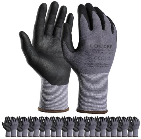LOCCEF Arbeitshandschuhe MikroSchaumstoff Nitrile Beschichtet-12 Paare,Nahtlos gestrickte Nylonhandschuhe,Heimwerken, Mikro-Schaumstoff Handschuhe(9/L, Grau-12 Paare)