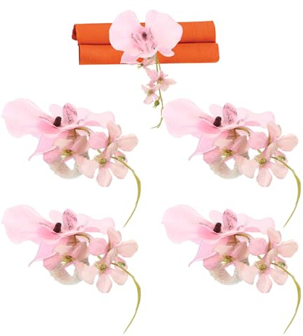 PATIKIL Handgjorda orkidéblommor servettringar, 4-pack hantverk blommig servetthållare för bröllop födelsedag bankett bordsdekoration jul Thanksgiving, rosa