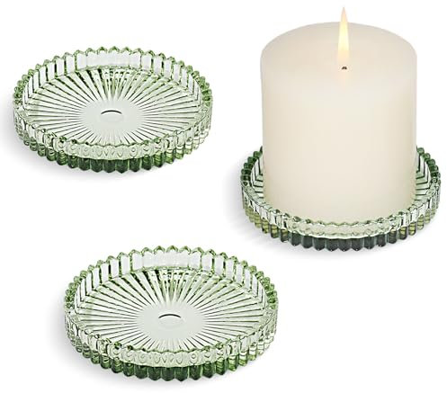 HofferRuffer 3 Pack 10cm Glass Candle Plates,Round Candle Holders for Pillar Candles Tealight Candlestick Holders,Green