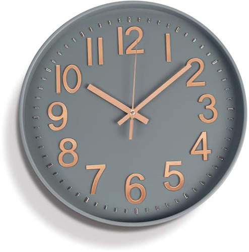 Lottogo Wall Clock, 30 cm (12 Inches), Large Modern Wall Clock for Office, Living Room, Kitchen, School, Children's Room 3 Colors (Grey Rose Gold)