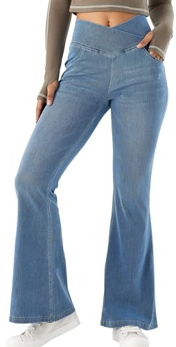 Panegy Crossover Bootcut Leggings per Donna Pantaloni Svasati in Denim Lavato Pantaloni a Vita Alta Elasticizzati a Zampa d'elefante Casual Skinny Yoga Jeans Azzurro M