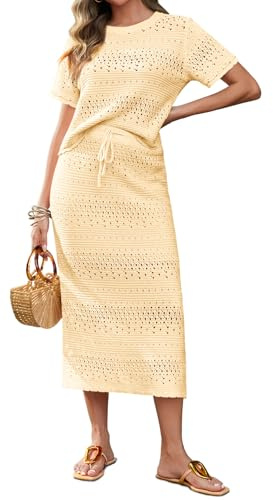 Tankaneo Womens Crochet Cover Up 2 Piece Skirt Sets Short Sleeve Knit Top Midi Skirt Vacation Travel Outfits Apricot