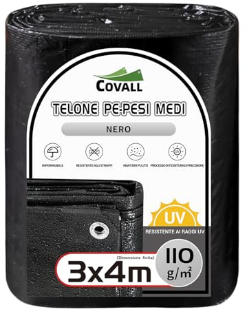 COVALL 3x4m Telone per impieghi medi 110GSM - telo impermeabile per campeggio Tenda resistente ai raggi UV coperture esterne Tetto della piscina Sandbox Barche Camion RV Telo per auto (nero)