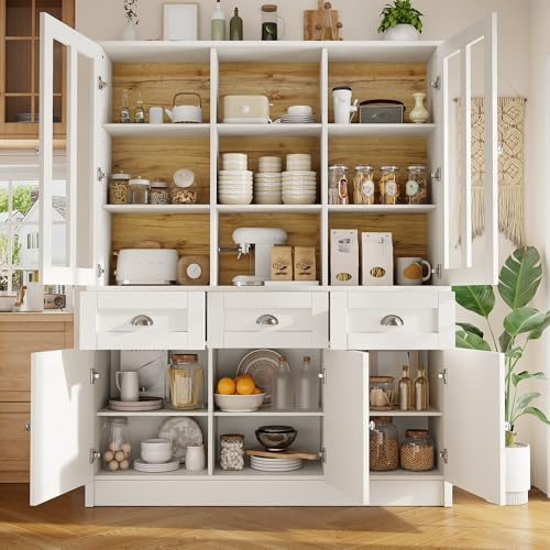 LAKFEW Alacena de Cocina con Dispositivo Antivuelco y 5 Puertas, Armario Cocina con Estante Abierto y 3 Cajones, Alacena Cocina con Estante Ajustable, Muebles Auxiliares Cocina, 140x40x175 cm, Blanco