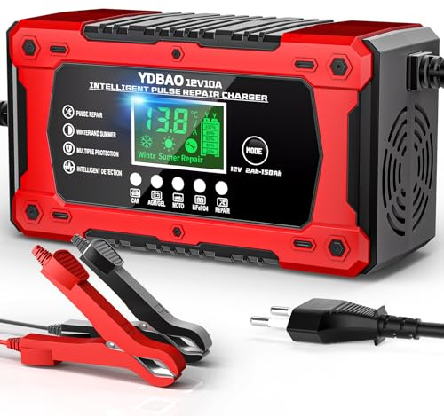 YDBAO Caricabatterie Auto 10A 12V Multi Protezioni Carica Batteria per Auto Intelligente Mantenitore di Carica Auto Moto con Schermo LCD per Moto, Barche, Auto, Batteria AGM, LiFePO4