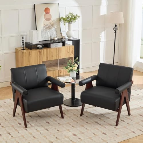 AODAILIHB Mid Century Modern Accent Chairs Set of 2, Solid Wood Frame Black Leather Armchairs, Modern Reading & Living Room Chairs for Office Guest & Waiting Room