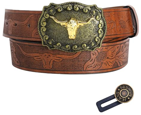 UOCAI Cowboy bälte män läder – västerländskt bälte damer cowboy med longhorn bullvästerländskt bältesspänne, blomprägling, brunt, kvinnor i landsstil för jeans, vardag, fest, gåva (120 cm lång)