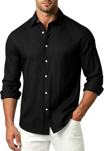 Neteson Camisa Hombre Lino Manga Larga Verano Camisas Informales Botones | Casual Henley Shirts Playa Vacaciones Camisa de Negocios Top Corte Regular