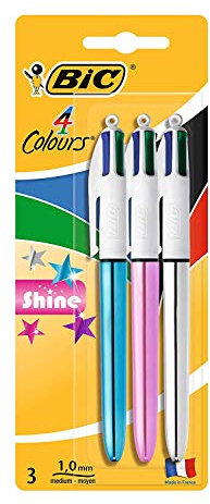 Bic 4 Colour Shine Kugelschreiber, 2er-Pack plus 1 Stück gratis,farblich sortiert