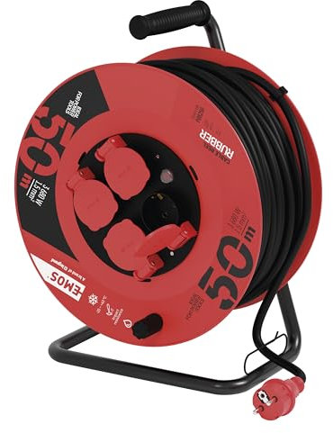 EMOS - Kabeltrommel 50m - 4 Schuko-Steckdosen - wasserdicht, schlagfest, hitze- & kältebeständig - 230V, 16A, 3680W - Gummi-Isolierung - H05RR-F3G 1,5 mm2 - IP44 für Außenbereich
