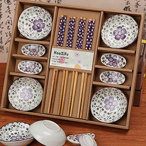 Dätenky Sushi Set, Keramikbesteck Set Sushi Geschirr für Vier Personen Teller Essstäbchen Essstäbchenhalter (lila)