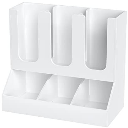 Richboom Tassen- und Deckelorganizer, 6 Fächer mit 2 herausnehmbaren Trennwänden, Kaffeestation, Arbeitsplatte, Tassenspender, Gewürz-Organizer, Zubehör, Caddy für Pausenraum, Büro, Zuhause, Weiß