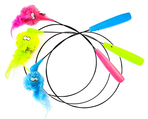 Coockoo, Jouet pour Chat Loomy Set de 3 pièces Vert, Rose et Bleu, Design Rigolo et résistant, avec éclairage LED Rouge, Peluche et Plumes colorées, Stimule l’Instinct de Chasseur, Batterie Incluse