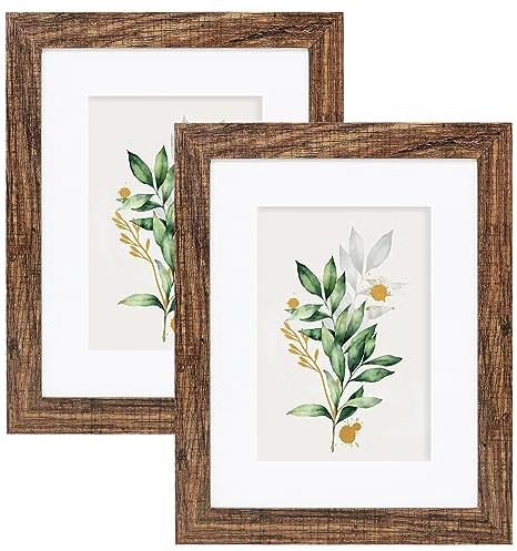 Hongkee 8x10 Picture Frame Set of 2, Made of Real Glass and Rustic Brown Wooden Frame - Display Picture 5x7 with Mat or 8x10 Without Mat, 8 by 10 Photo for Wall or Tabletop