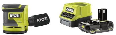 Ryobi - Ponceuse excentrique 18V - oscillation 2,4 mm avec système d'aspiration de poussières - patin diam, 125 mm - 22 000 osc/min - Livrée avec 23 abrasifs - 1 batterie 2Ah et 1 chargeur rapide