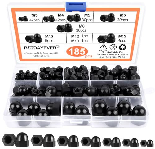 Hutmuttern Hohe Form Set 185stk M3/M4/M5/M6/M8/M10/M12 Sechskant Hutmuttern Verzinkt Hutmutter Korrosionsbeständigkeit Kuppelmuttern Hutmuttern für Möbel Fahrzeugbefestigungen(Schwarz/Nylon)