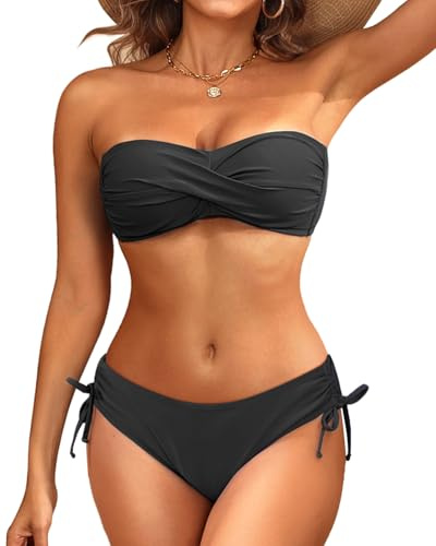 Women's Black Strapless Bandeau Bikini Set - Twist Front Two Piece Swimsuit Top with Side Tie Bathing Suit Bottom M
