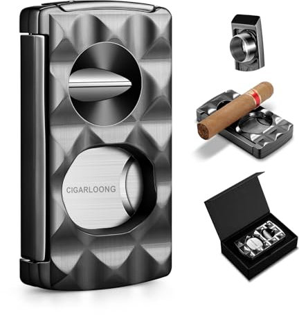 CLZOONG 4-in-1 Zigarrenschneider Edelstahl Doppelte Klinge Guillotine, V-Cutter, Zigarren Punch, Zigarren-Accessoires mit Diamantmuster Finish (schwarz)