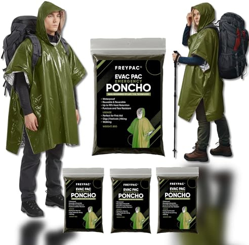 FREYPAC 4 Pack Emergency Survival Foil Poncho, Thermal Mylar Foil Coating Blanket for Heat Retention and Rain, Reversible with Hood, Waterproof, Windproof (Green)