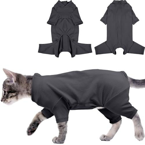 Yternal Sticky Hair Cat Clothes, Breathable & Lightweight, Reduces Shedding Fur Pajamas, Full Body Long Sleeve Surgical Bodysuit, Stop Licking & Shedding Darkgrey XL