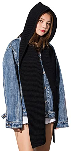 Generisch 2025~ Ensemble écharpe à capuche en tricot solide 2 en 1 Bonnet melon d'hiver chaud épais à motif torsadé bonnet tricoté écharpe ensemble de bonnets sportifs extensibles pour femmes, Noir