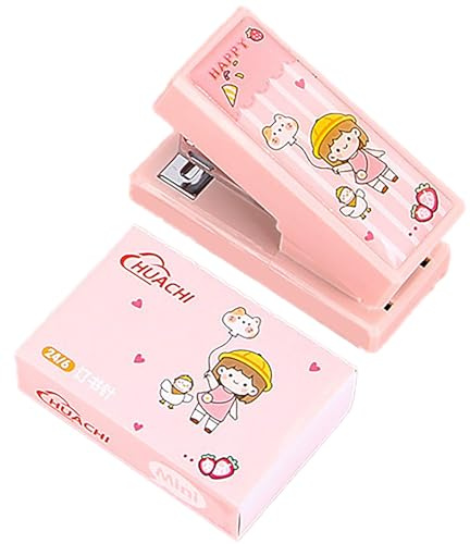 1 Set Pink Mini Stapler with No.12 Staples, Cute Girl Holding The Balloon Pattern Desktop Stapler, Bookbinding Machine for Paper Clips Staplers for Office School Home