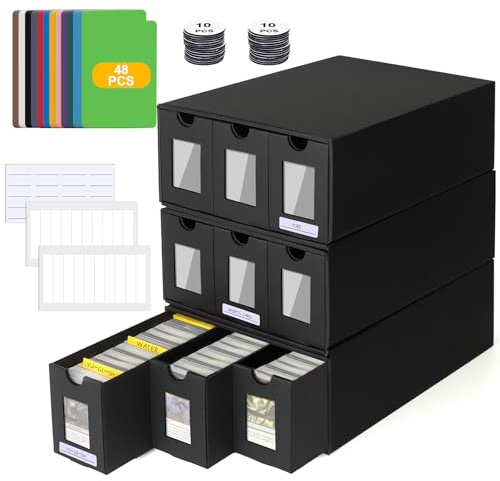 POKIENE 8800+ 3 PCS Trading Storage Box Card with Window, Card Storage Box with 48 Card Dividers, Labels Tape and Drawers, for Tcg, Mtg, Ptcg, Sports Cards