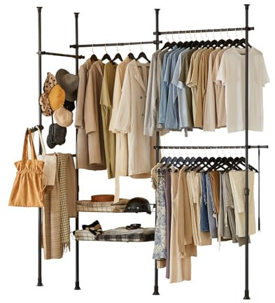 SoBuy Teleskop Kleiderständer, robuster Kleiderstange, verstellbarer offener Kleiderschrank mit Ablagen für Schlafzimmer, Garderobenständer, Schwarz KLS04-II-SCH