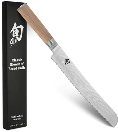 Shun Classic Blonde 9 Bread Knife, Handcrafted Japanese Serrated Knife, VG-MAX Core with Damascus Stainless Steel Cladding, Pakkawood Handle, Slicing Tool for Professional and Home Chefs