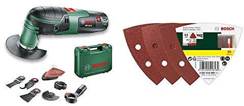 Bosch Multifunktionswerkzeug PMF 220 CE Set (220 Watt, im Koffer) & 25tlg. Schleifblatt-Set verschiedene Materialien für Deltaschleifer (Körnung 60/120/240, 6 Löcher)