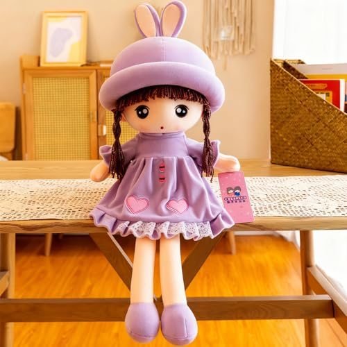 ITODA Bambola di pezza decorativa per bambine, giocattolo carino e morbido di peluche, bella bambola ragdoll con cappello gonna per bambini, regalo di Natale e compleanno, 50 cm, viola